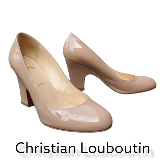 Christian Louboutin Shoes - Christian Louboutin Nude Patent Leather Akdooch Round Toe Neutral Pump Heels